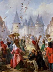 St. Louis (1214-70) och Blanche av Castilles (1188-1252) återkomst till Notre-Dame, Paris, före 1857